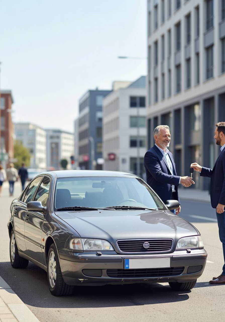Team in Wipperfürth, ein erfahrener Fahrzeugexperte aus Wipperfürth nimmt das Fahrzeug eines zufriedenen Kunden ab. Seitlich steht der Wagen neben beiden.